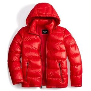 GUESS Men's Solid Hooded Puffer Jacket Coat CRIMSON Red